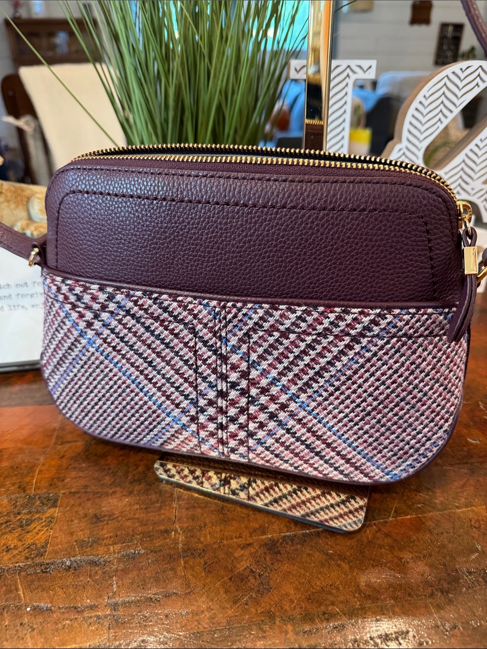 Talbots Plum Plaid Crossbody Bag with Gold Hardware